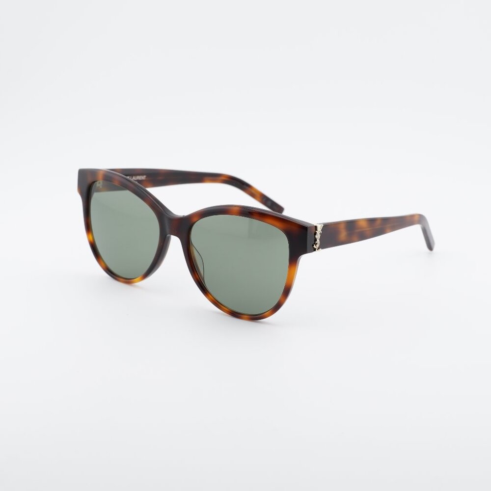 Saint Laurent SLM107 003 Sunglasses Havana Cat Eye Frame, Green Lenses